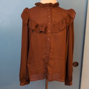 MNG Women's Sheer Brown Chiffon Ruffled High-Neck Button Down Blouse Size 4